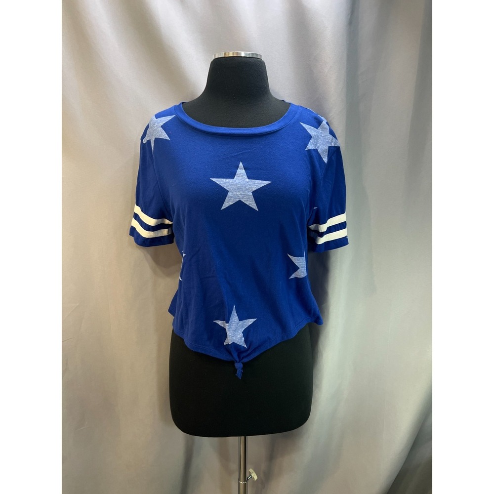 Cold Crush Crop T Shirt Womens Large Blue Cotton Star Print Tie Front Asymmetric